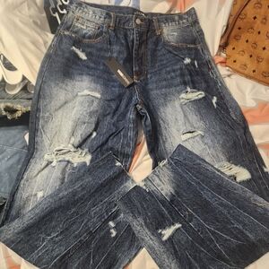 Distressed Blue Denim Barrel Jeans